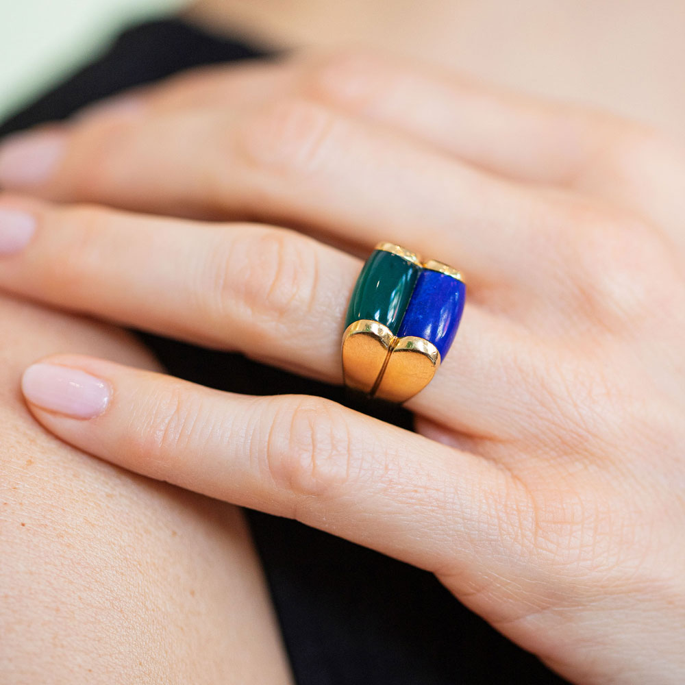 product_details::Vintage Bvlgari Doppio Tronchetto Lapis & Chalcedony Ring on model.