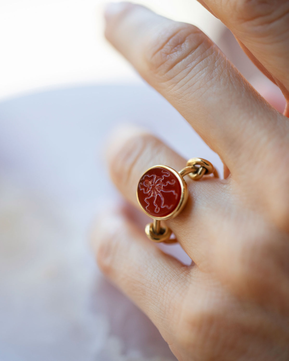 Vintage JAR Carnelian Ring on model.