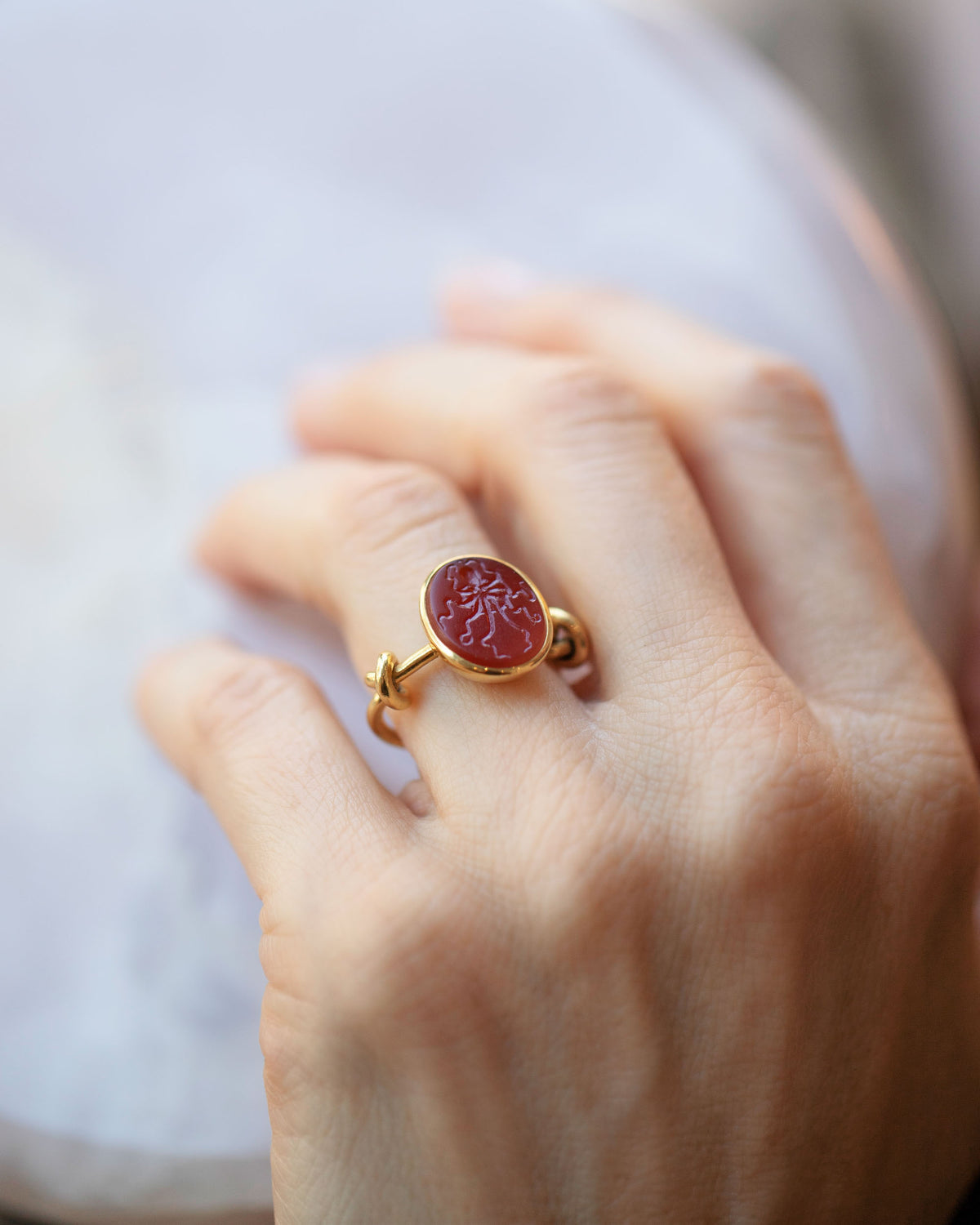 Vintage JAR Carnelian Ring on model.