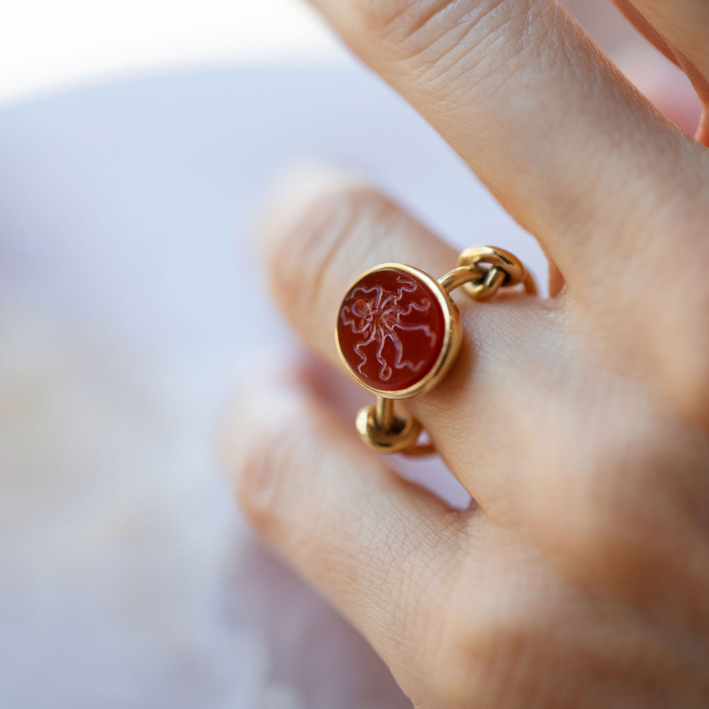 product_details::Vintage JAR Carnelian Ring on model.