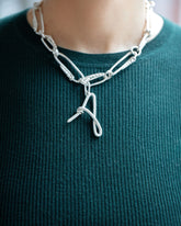 CRZM Sterling Silver Canyon Necklace and CRZM Letter A Large Sterling Silver Letter Charm on model.