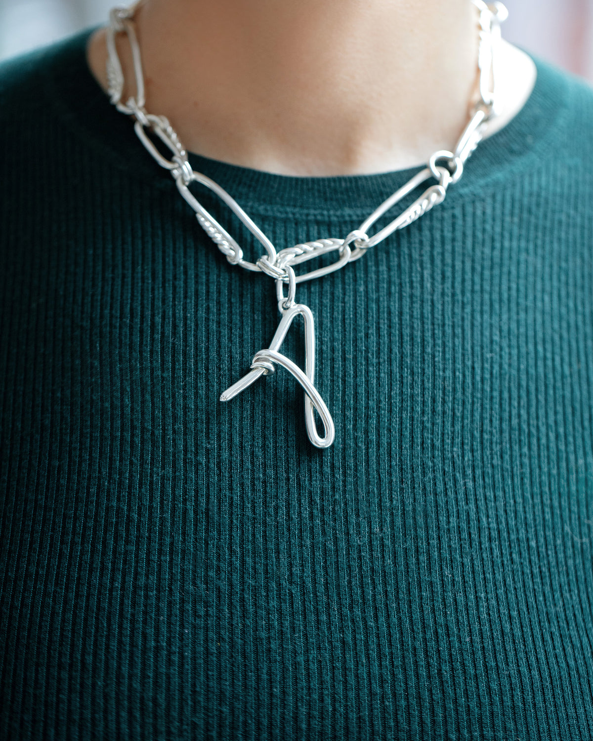 CRZM Sterling Silver Canyon Necklace and CRZM Letter A Large Sterling Silver Letter Charm on model.