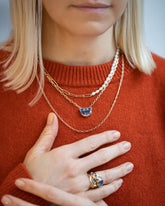 Rice Pearl Long Oval Necklace, Reverence Necklace and Hotdog Chain Necklace on model.