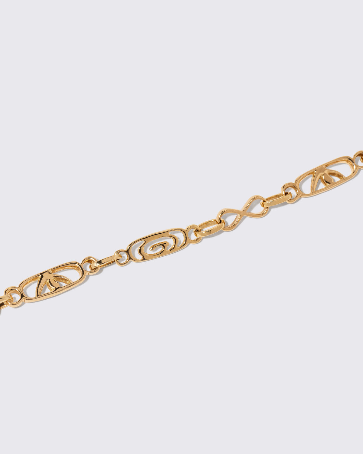 Closeup details of the Infinity Openable Link Bracelet on light color background.