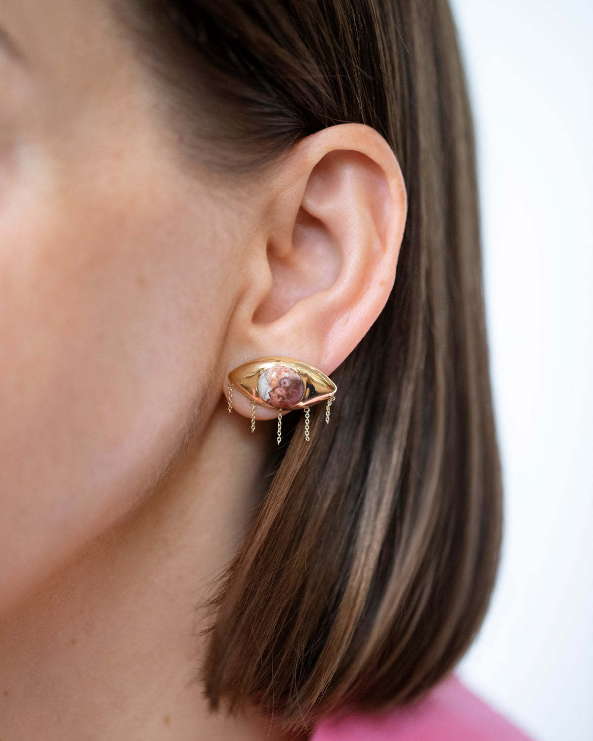 Agate Eye Earrings on model.