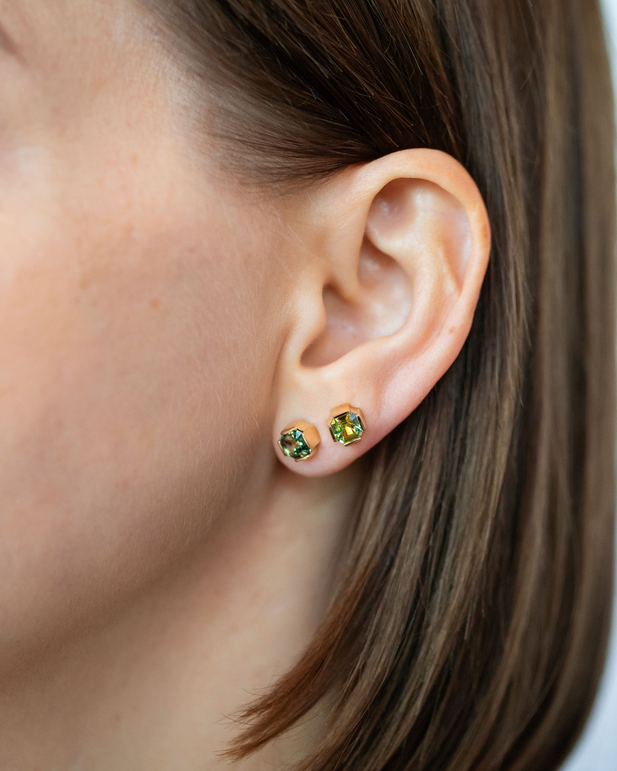 Bicolor Sapphire Fold Earrings on model.