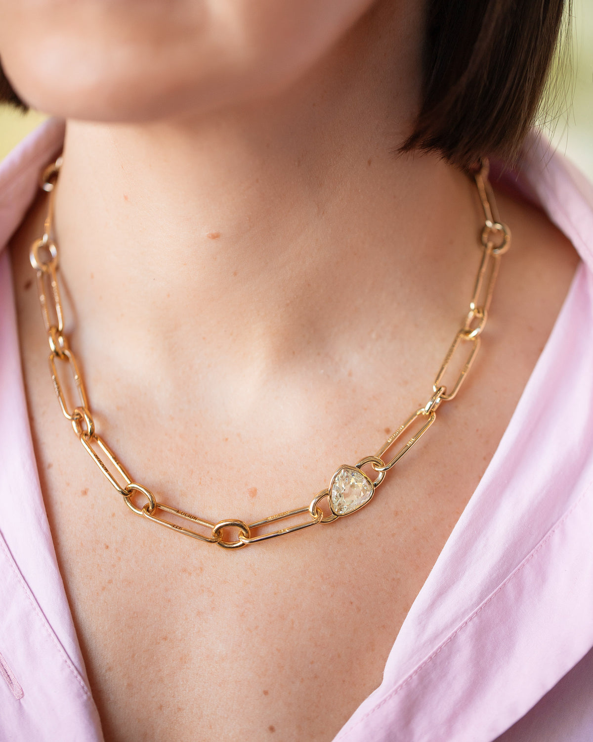 Gusher Diamond Link Necklace 001 on model.