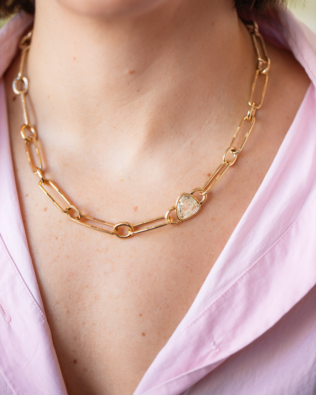Gusher Diamond Link Necklace 001 on model.