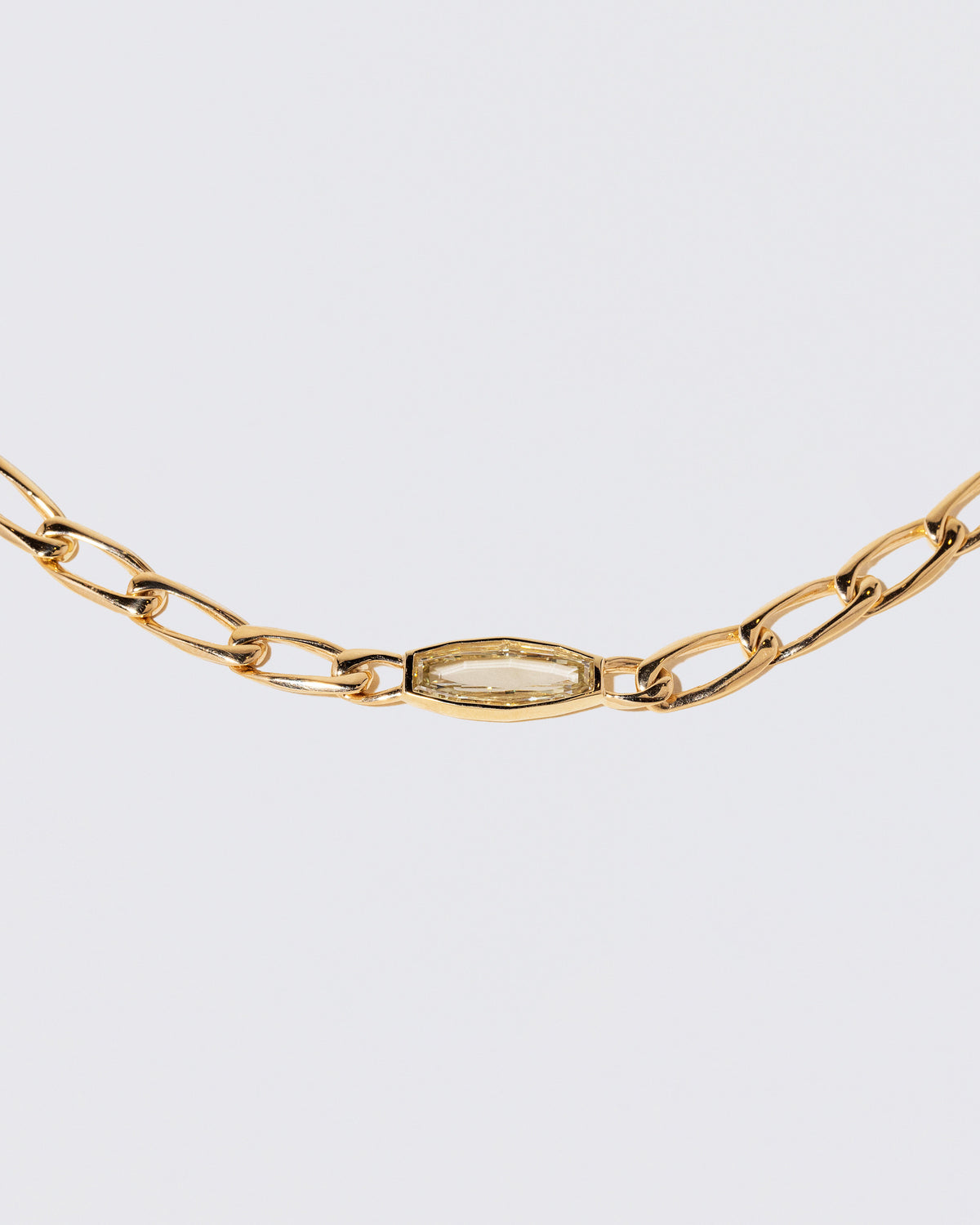 Closeup details of the Identity Chain Diamond Necklace 002 on light color background.