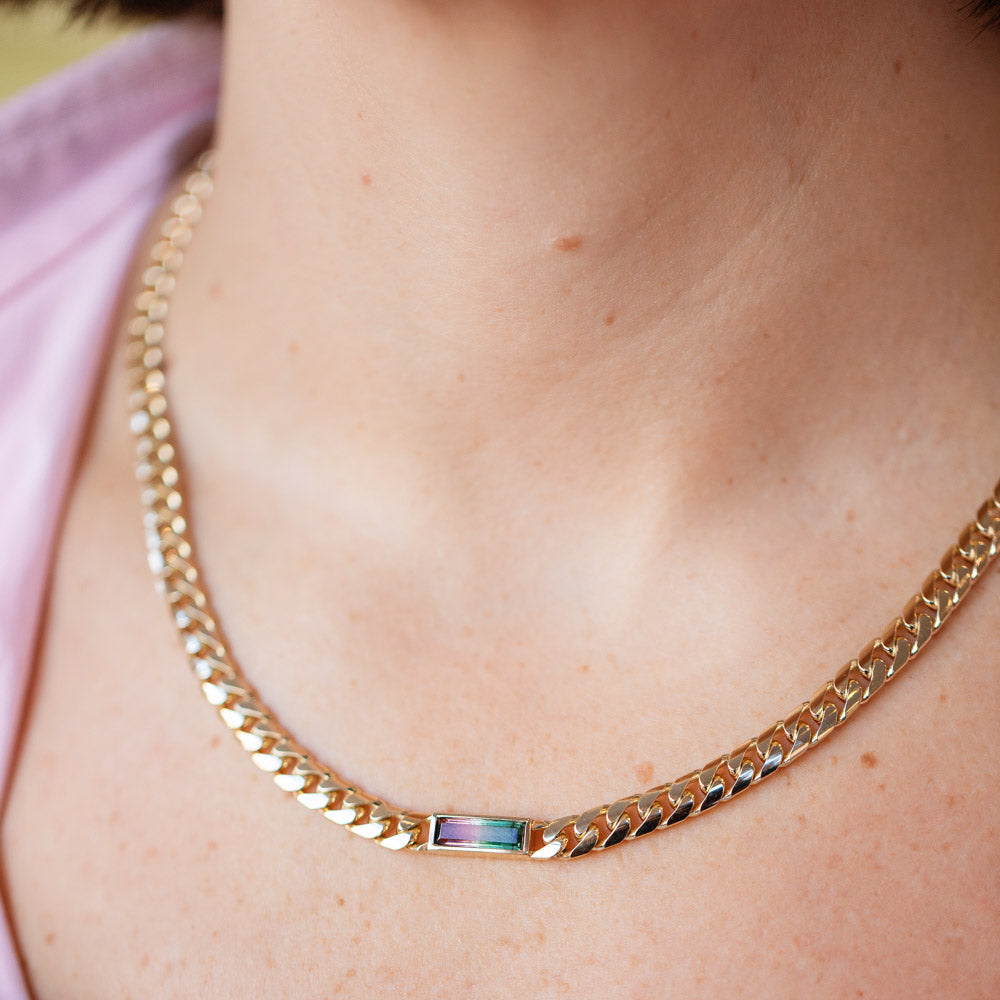 product_details::Identity Chain Bicolor Tourmaline Necklace 001 on model.
