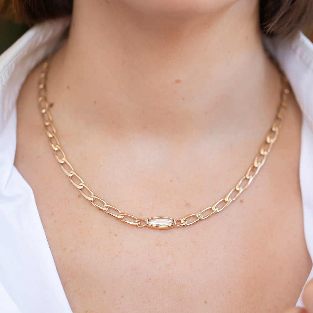 product_details::Identity Chain Diamond Necklace 002 on model.