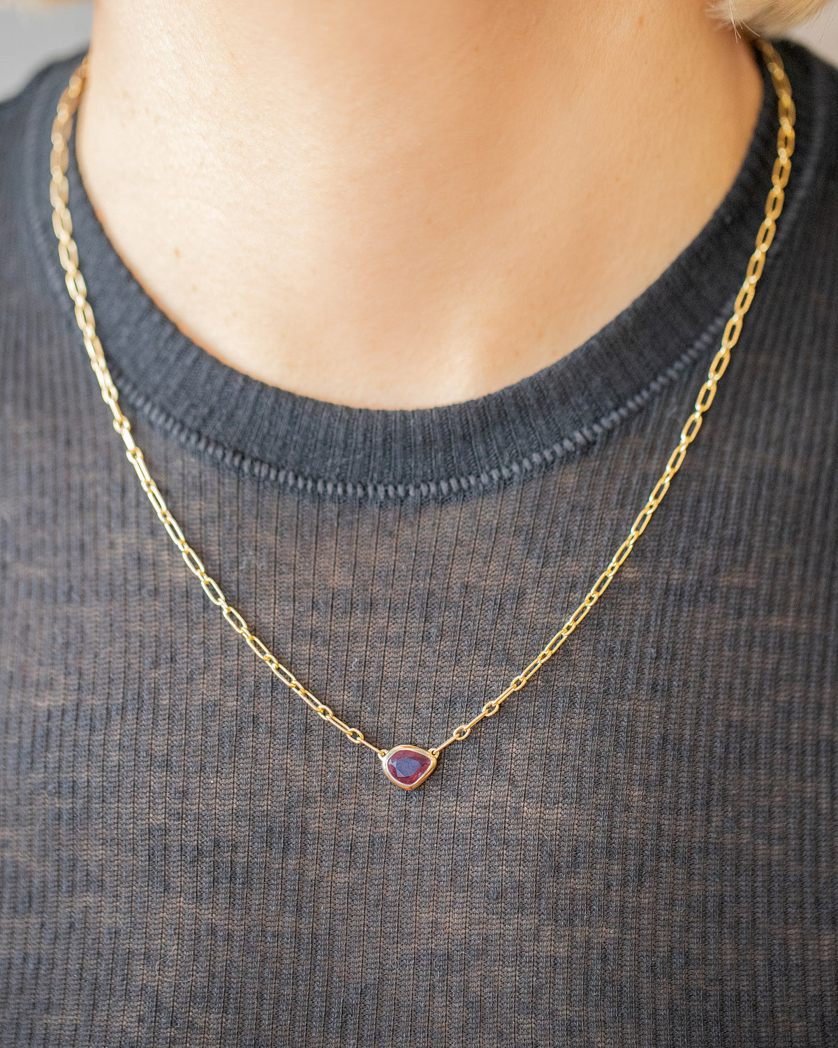 Pink Sapphire Gusher Necklace on model.