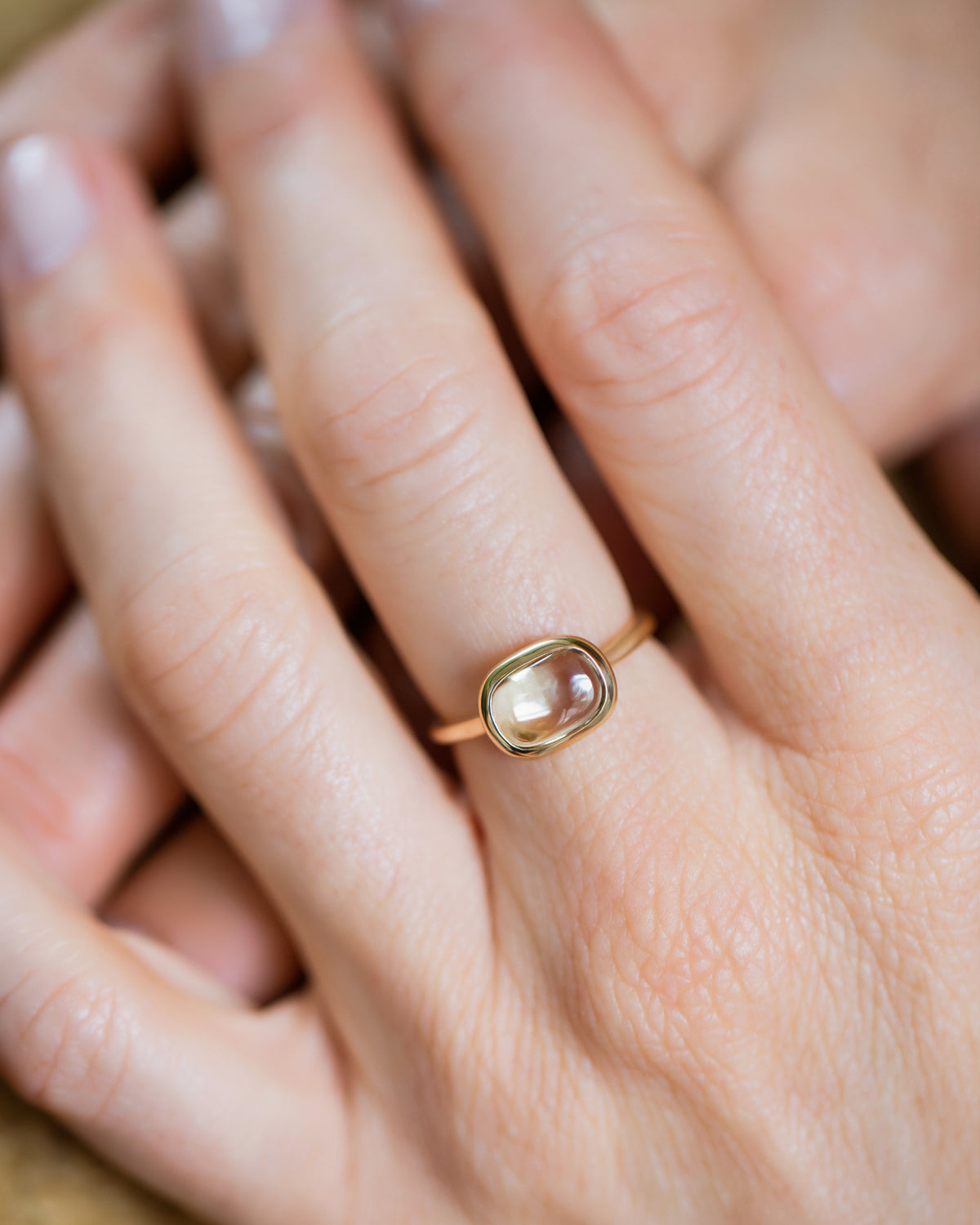 Green Sapphire Gusher Ring on model.