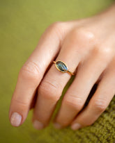 Gusher Green Sapphire Ring 002 on model.