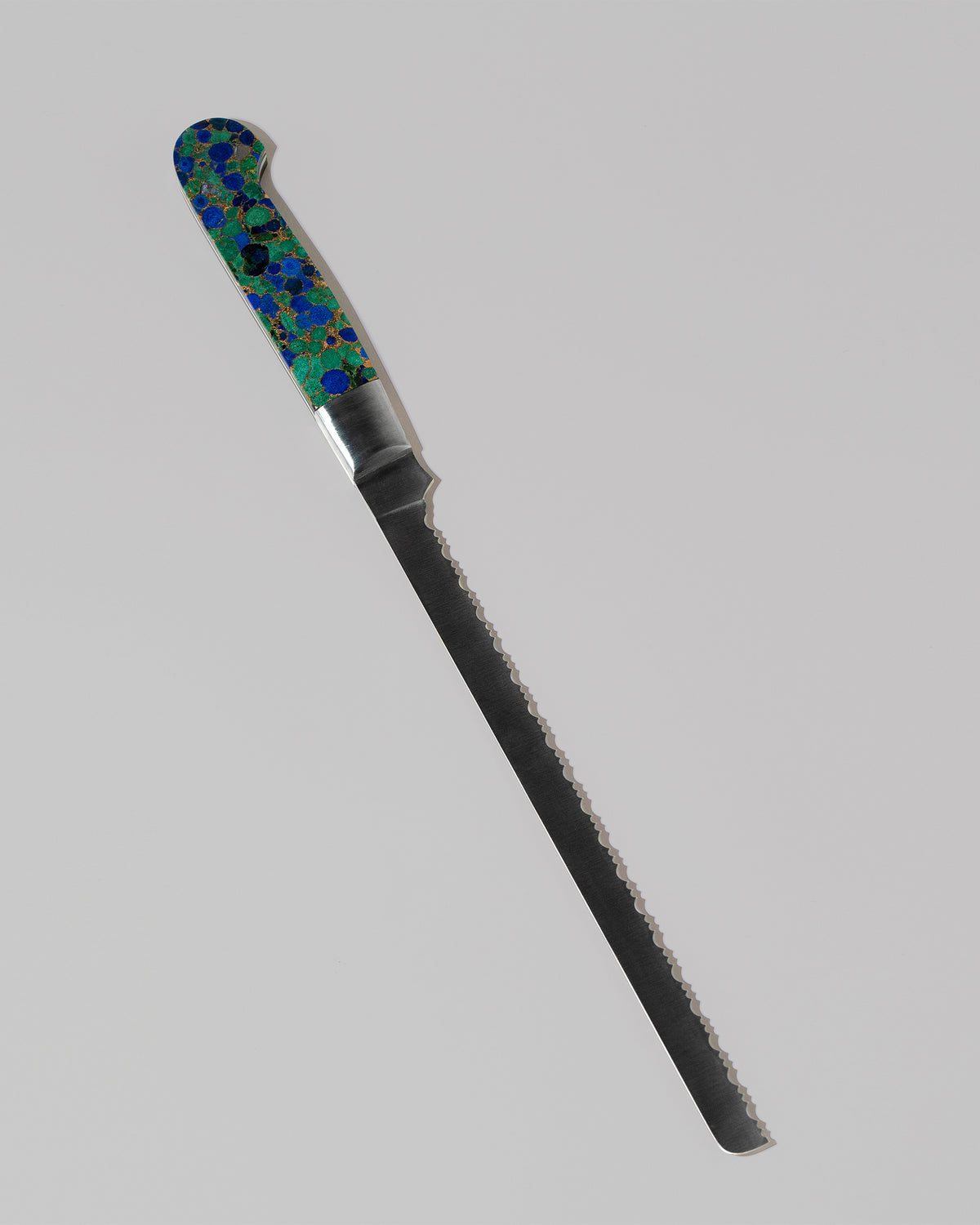 Santa Fe Stoneworks Azurite and Lapis Bread Knife on light color background.