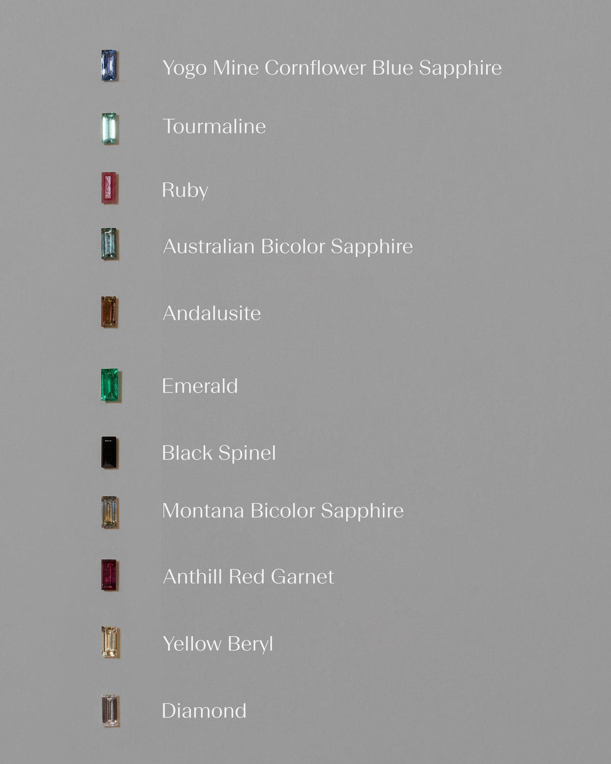 Available gemstones on light color background.