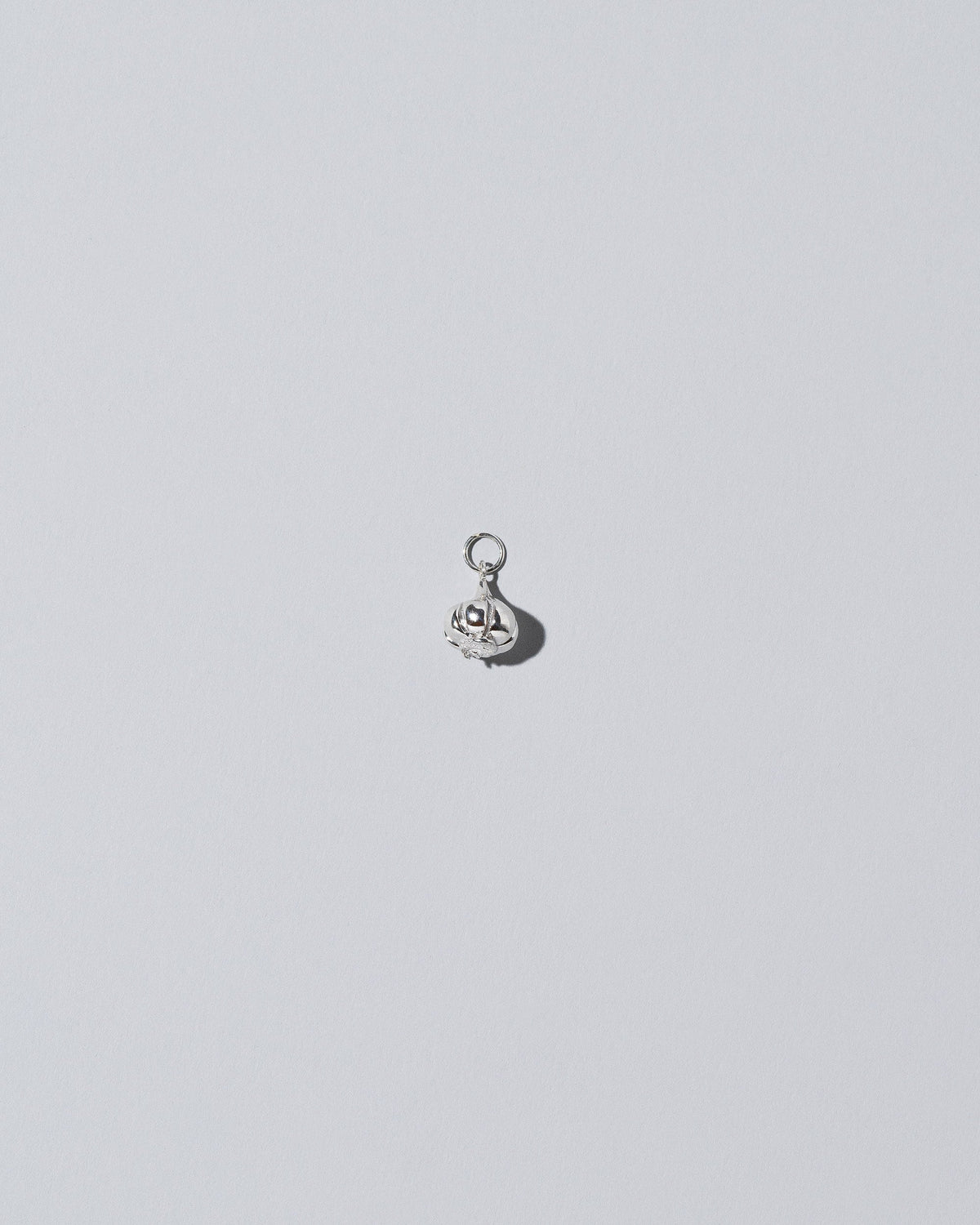 Silver garlic charm on light colored background