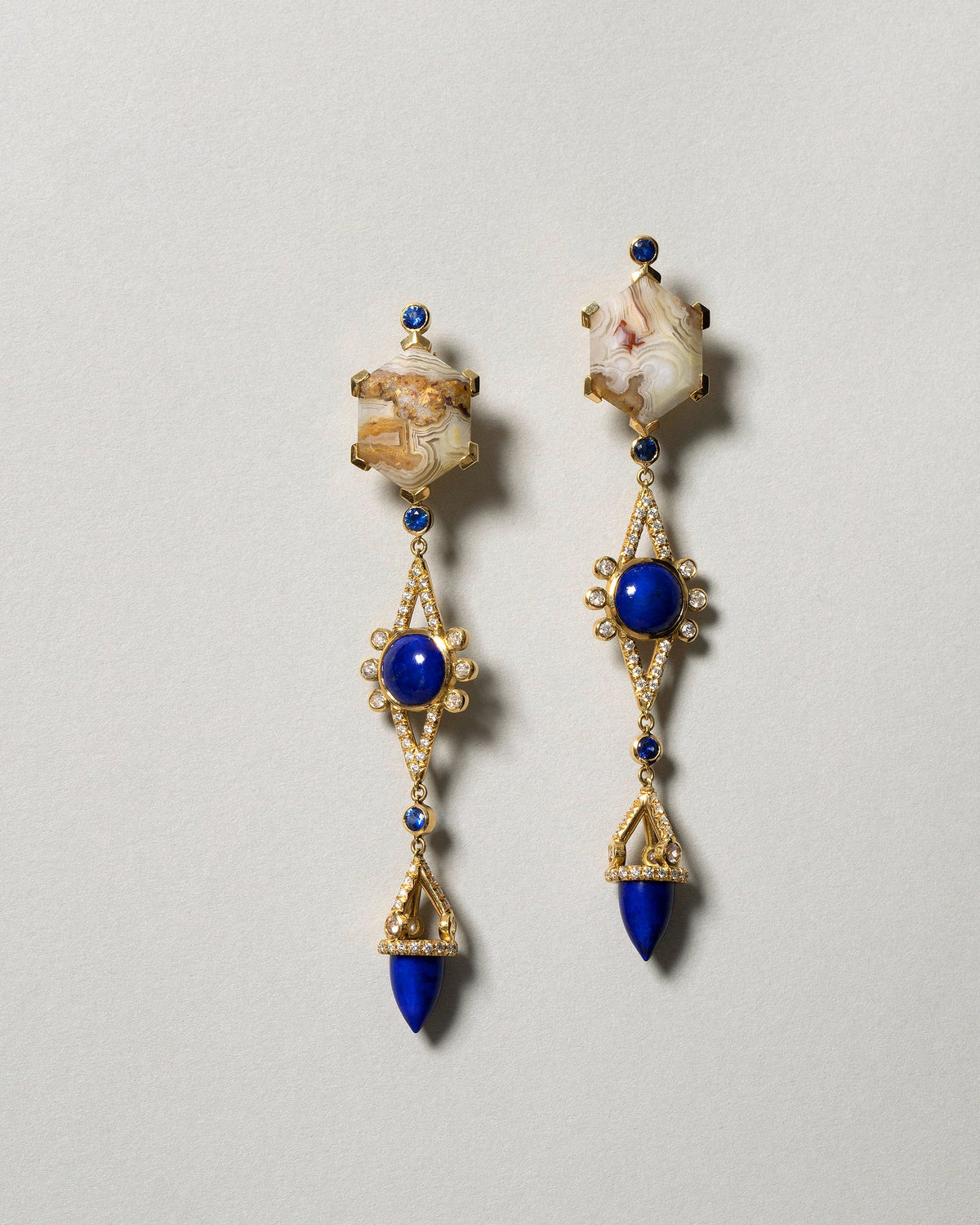  Agate & Lapis Drop Earrings on light color background.