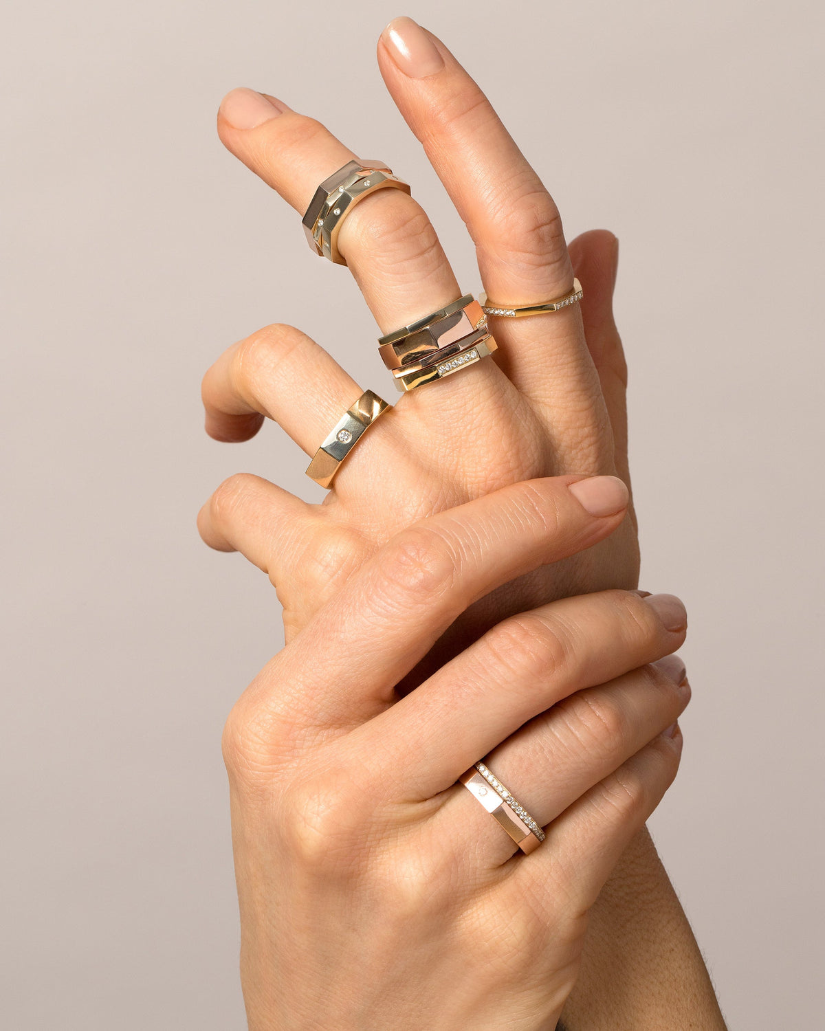 Yellow Gold Segmented Bands on model.