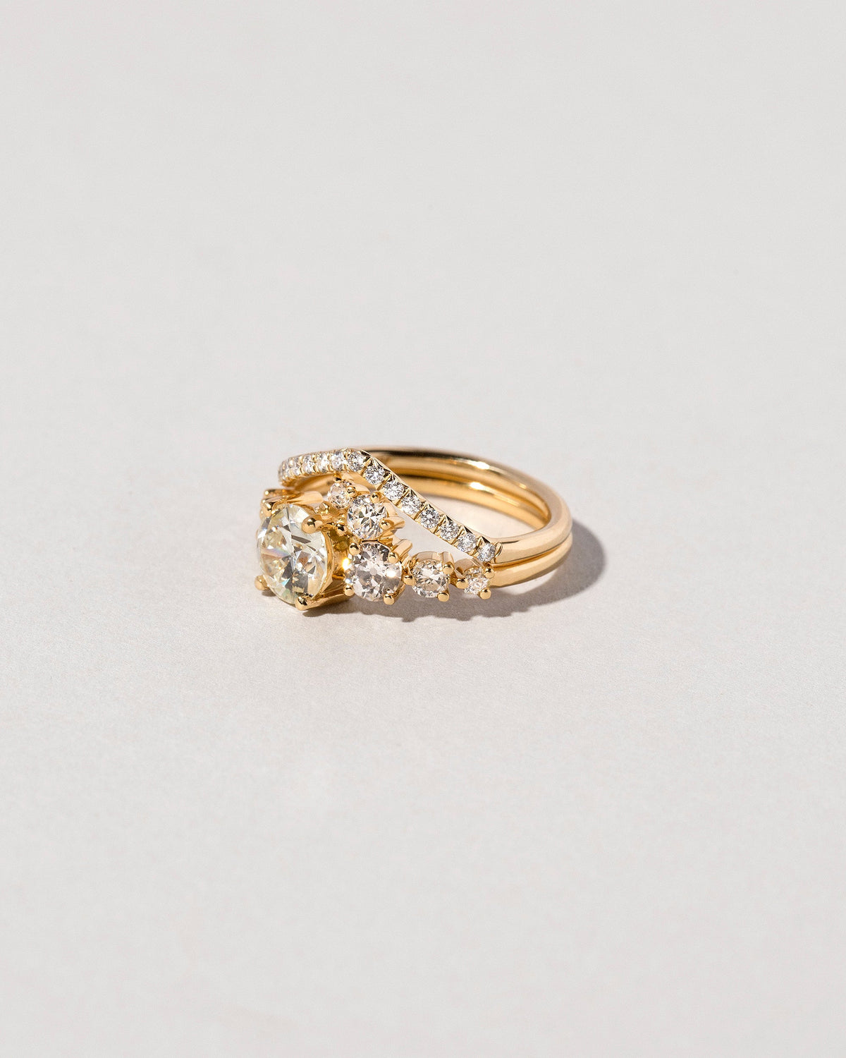 White Diamond Pavé Yellow Gold Luna Peak Band on light color background